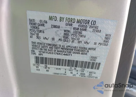 2006 Ford Escape Xlt/Xlt Sport из США, поврежденный, VIN 1FMYU03176KC44071